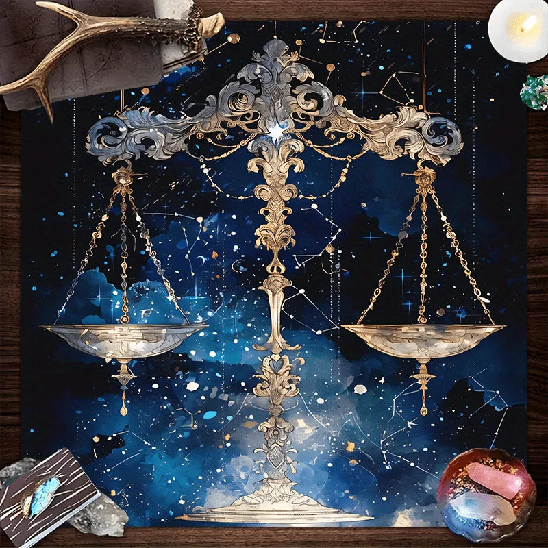 🃏VIKAMA Libra Astrology Tablecloth – Deep Blue Starry Sky Cloth with Gold & Silver Scales for Restaurants, Study Rooms & Zodiac-Themed Decor 75X75(2.5X2.5FT