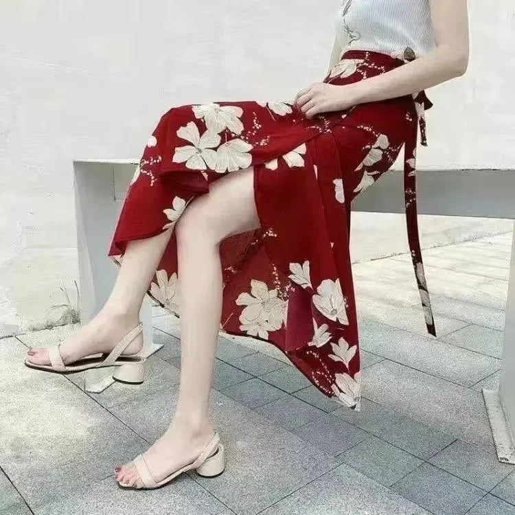 🌟 Summer Beach Floral Skirt for Women Cotton High Waist Wrap Maxi Skirt Long with Side Slit & Tie Detail Boho Style Design﻿