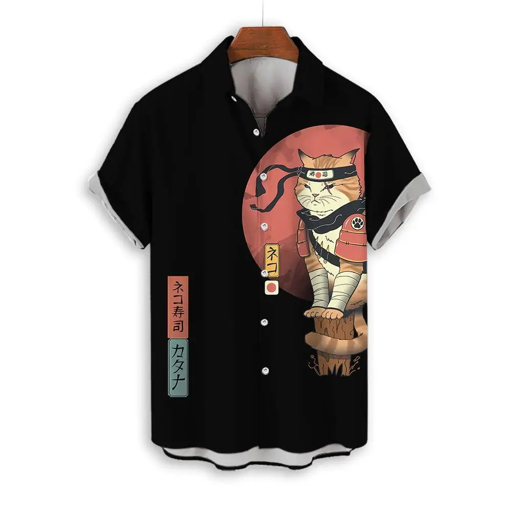 🐱⚔️The Samurai Neko Edition Premium Unisex 3D Printed Japanese Samurai Cat Shirt - High-Definition Bushido Feline Graphic Quick-Dry Hawaiian Beach Shirt, Breathable Urban-Streetwear Short-Sleeve Casual Apparel CS2024AT8904