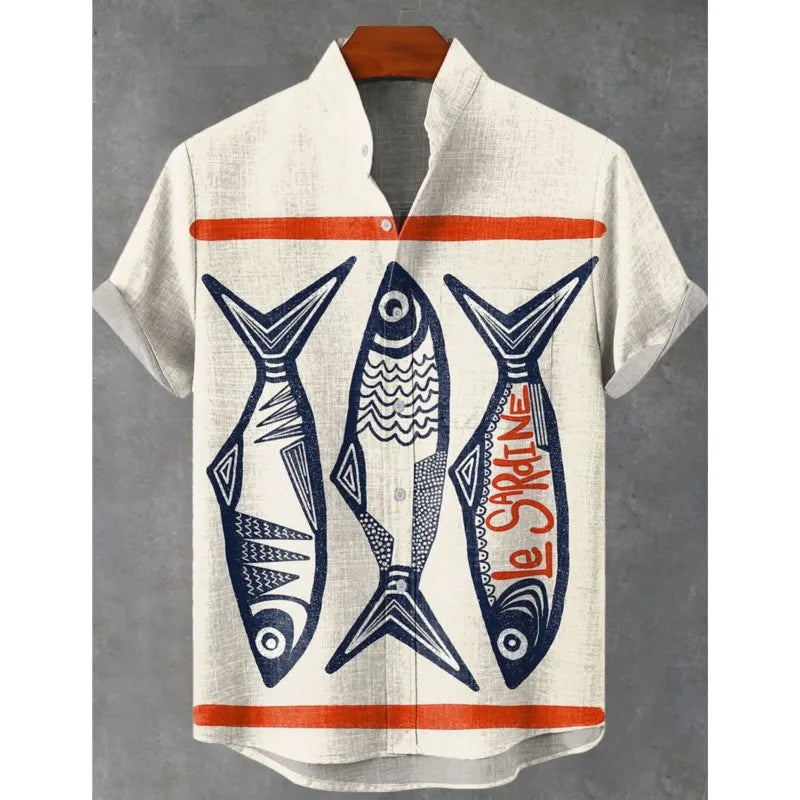 🌊The Vintage Angler’s Heritage: Premium Men’s Cotton-Linen Casual Shirt – Retro 3D Fish Pattern, Breathable Short-Sleeve Utility Top (Camisas De Hombre), and Sophisticated Coastal Silhouette