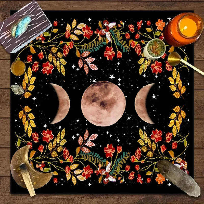 🌙 Moonlight Flower Tarot Card Table Cloth﻿ | Altar Card Mat & Witchcraft Astrology Supplies – Beautiful Decorative Card Mat for Sacred Rituals
