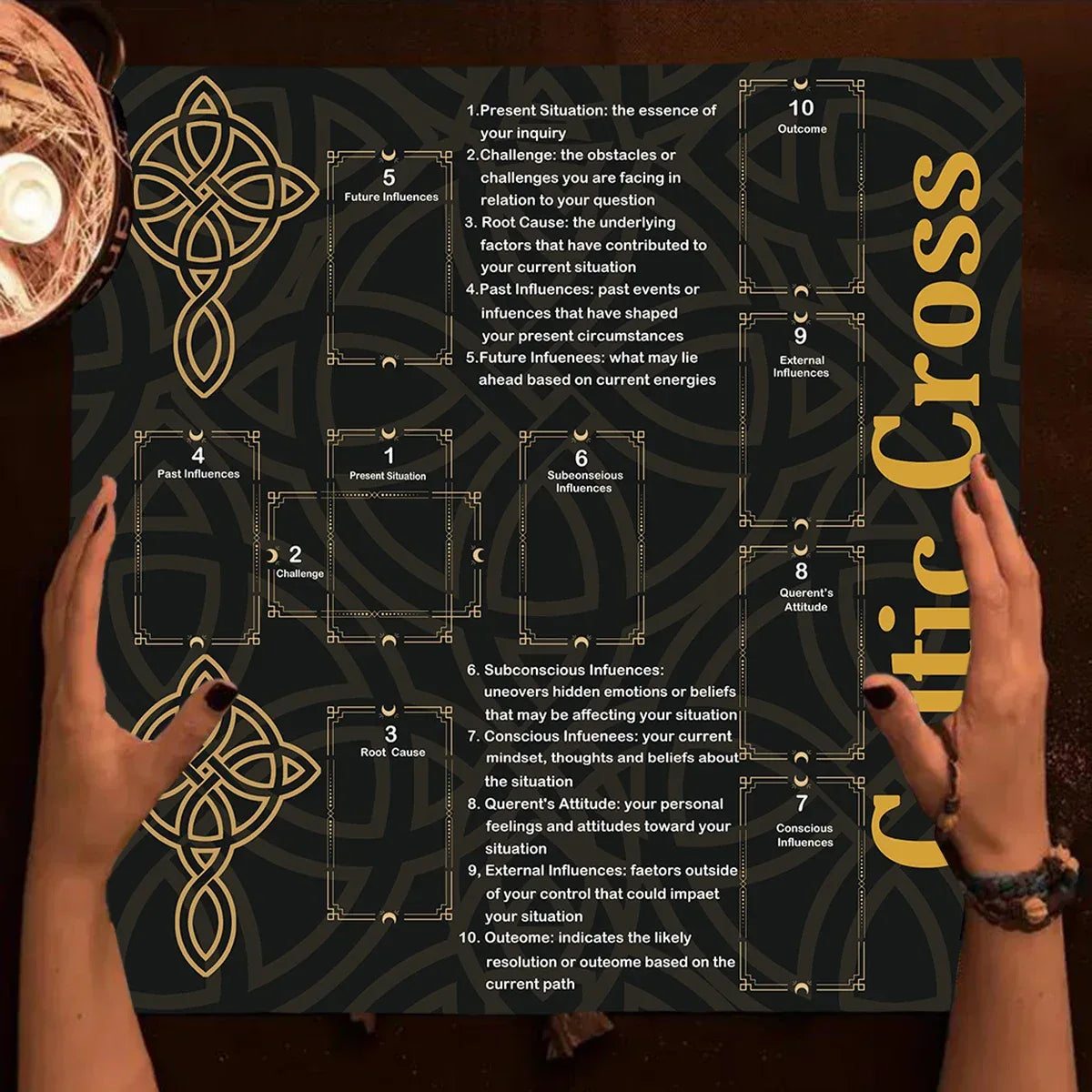 🔮Golden Celtic Cross Tarot Tablecloth – Elegant Polyester Altar Cloth Featuring Iconic Celtic Cross, Moon, Stars, and Floral Motifs HDS-2508241023