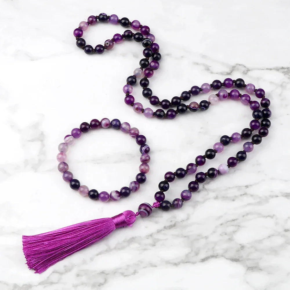🐯 Natural Tiger Eye Stone Jewelry Set (Necklace & Bracelet): Healing Tassel Pendant & Sweater Chain – Confidence, Wealth & Protection Crystal for Women Purple Striped