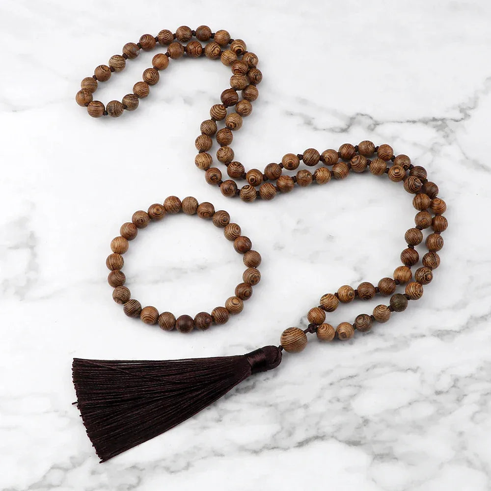 🐯 Natural Tiger Eye Stone Jewelry Set (Necklace & Bracelet): Healing Tassel Pendant & Sweater Chain – Confidence, Wealth & Protection Crystal for Women Wooden