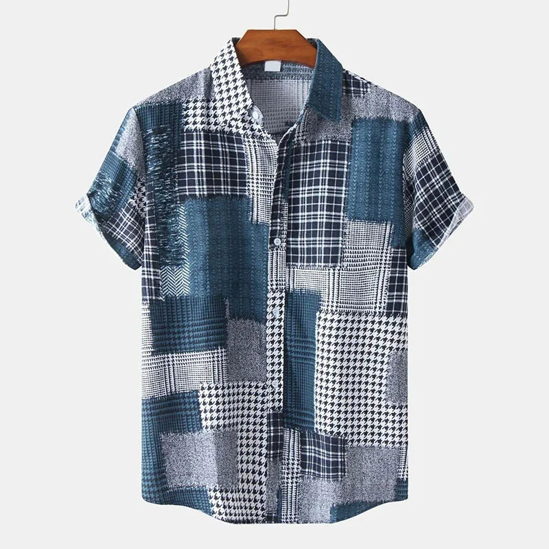 🎨 The Chromatic Patchwork Aloha Masterpiece: Premium Men's Vintage-Style Hawaiian Shirt – High-Definition Colorful Geometric Print, Breathable Short-Sleeve Button-Down, and Signature Loose-Fit Silhouette