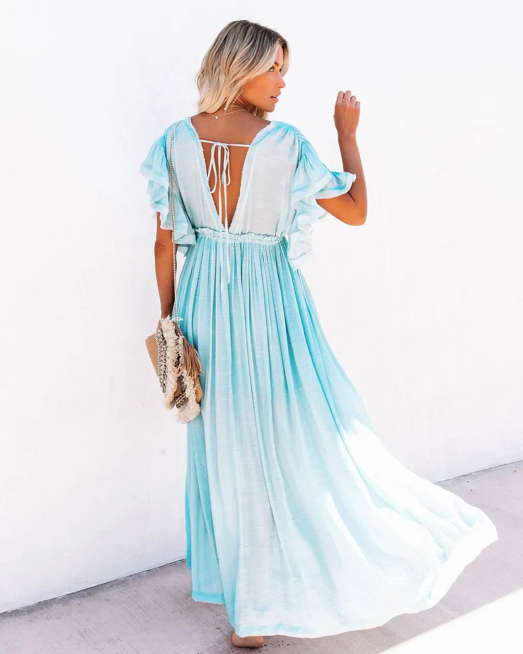 2024 Summer Long Bikini Cover Ups for Women Solid V-Neck Kimono Beach Dresses Lace Up Anti-Sun Swim Dress Bohemian Sarong Skirt
