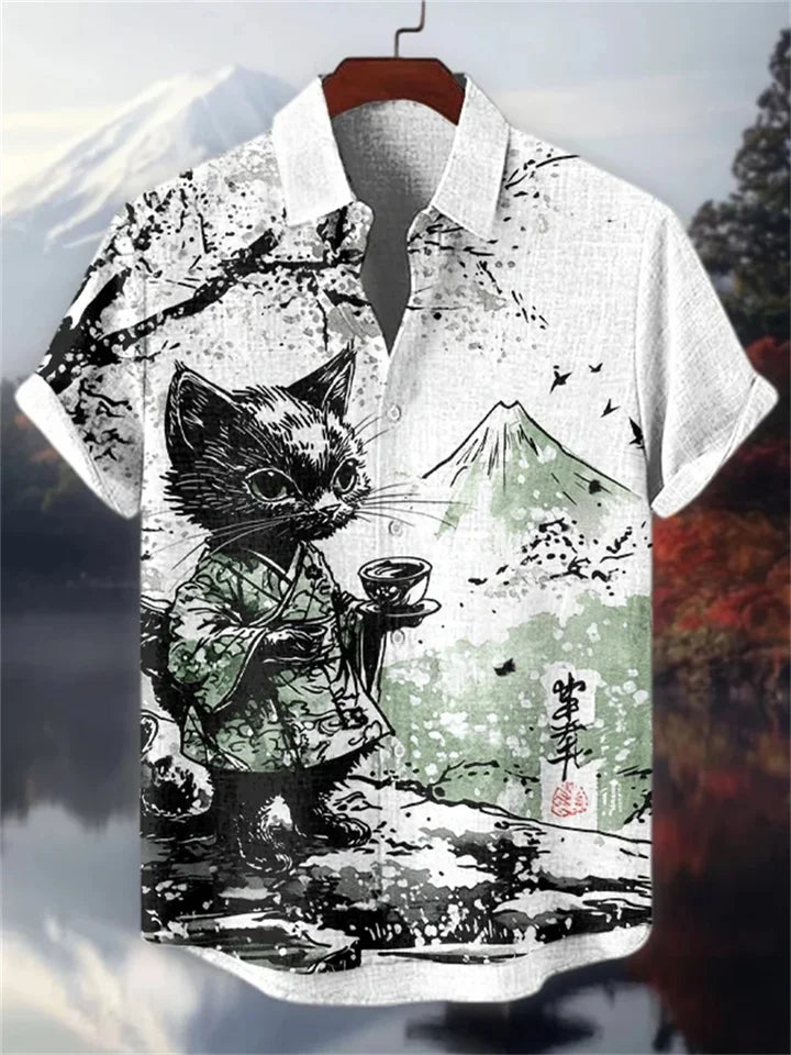 ✨ Emerald Noir Retro-Linen Cat Shirt: Men’s Artistic Dark Green Short Sleeve Top with Vintage Black Cat Graphic & Breathable Heritage Fabric (2026 Edition)