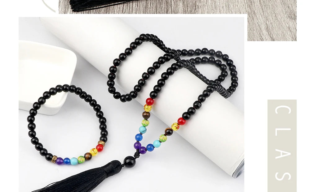 🌑 Black Onyx & 7 Chakra Mala: Shiny/Matte 108 Bead Necklace & Wrap Bracelet – Grounding, Protection & Anxiety Relief Meditation Rosary