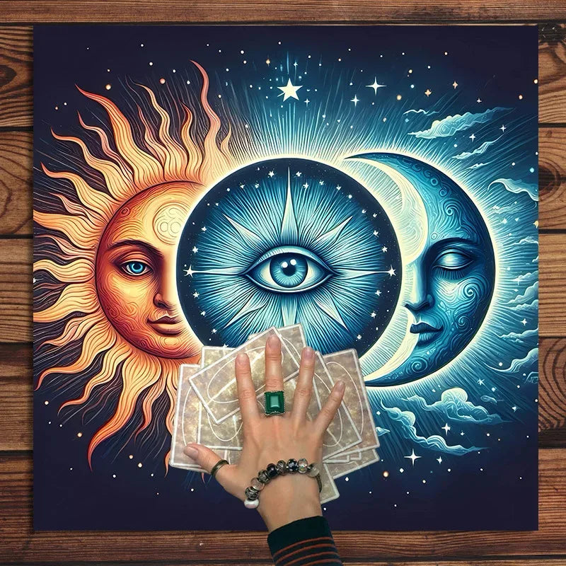 🃏VIKAMA Sun & Moon Tarot Tablecloth – Black Floral Altar Cloth for Tarot Divination, Meditation & Holiday Spiritual Decor