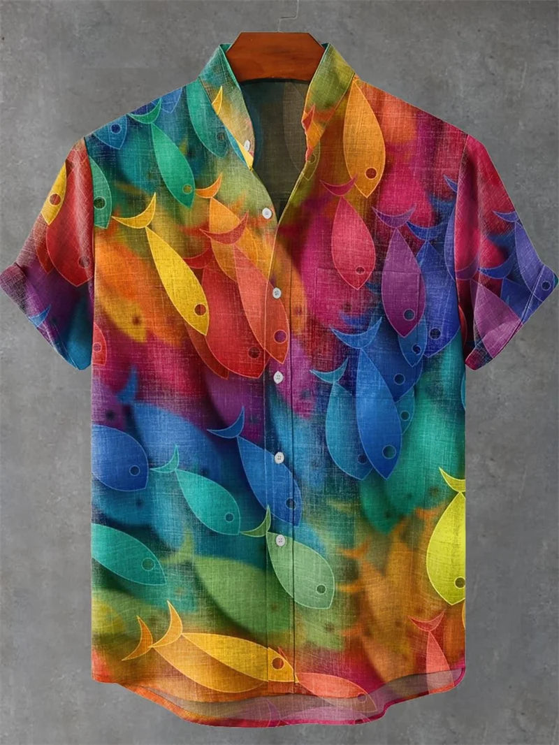 ✨ The Vintage Oceanic Masterpiece: Retro 3D Koi & Wave Print Men's Casual Linen-Blend Shirt – Breathable Summer Hawaiian Style Social Top with High-Definition Artistic Graphics GY463