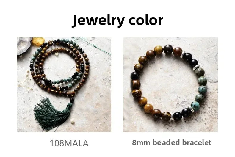 🐯 Retro Ethnic Tiger Eye & Turquoise 108 Bead Necklace: Healing Protection Mala with Lobster Clasp – Boho Statement Jewelry for Men & Women