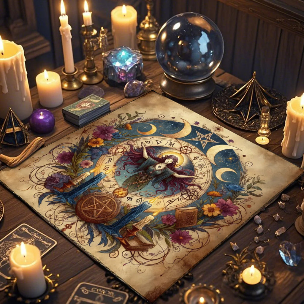 🃏Crow & Moon Phase Tarot Tablecloth – Star Divination Altar Cloth for Runes, Witchcraft Rituals & Mystical Party Game Decor