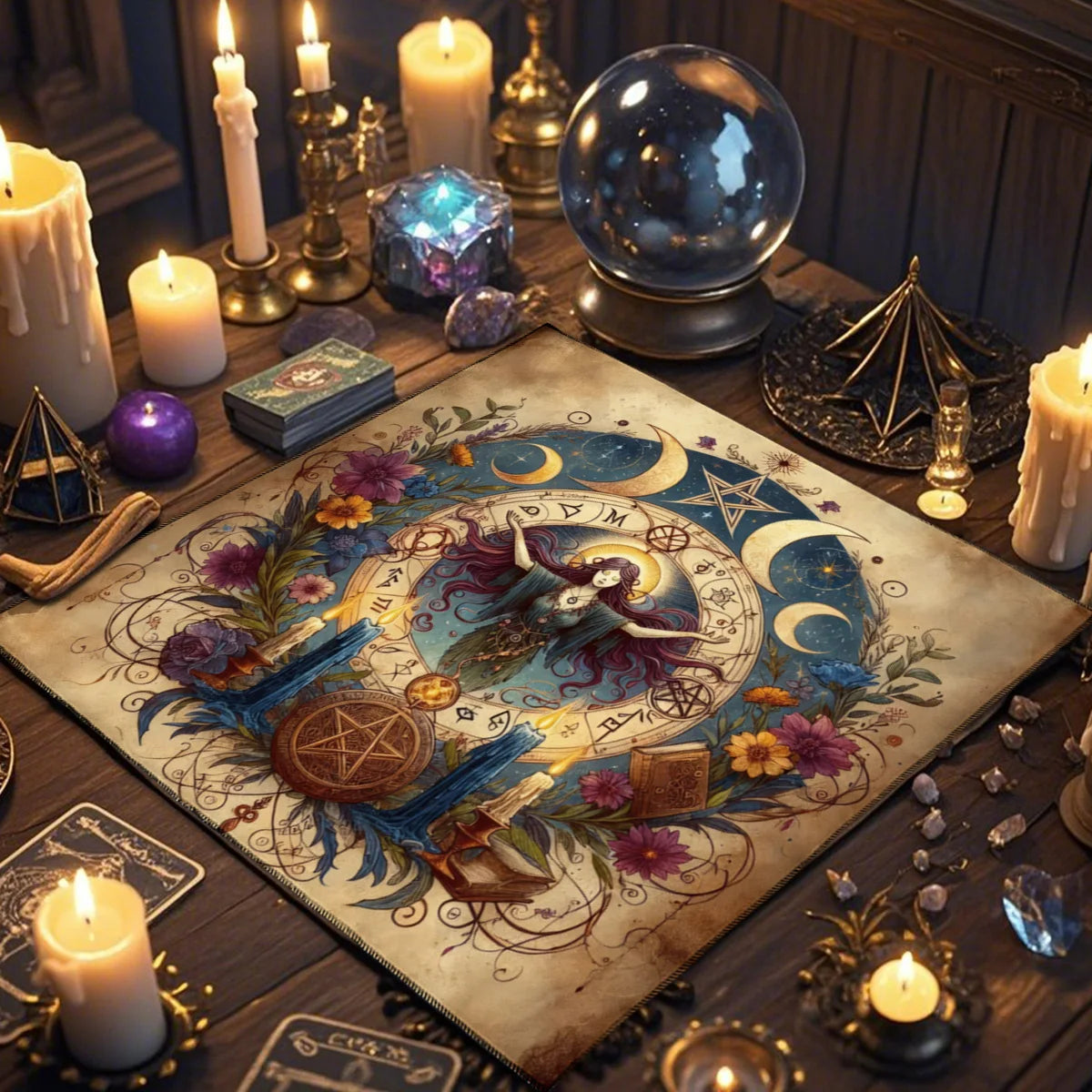 🃏Crow & Moon Phase Tarot Tablecloth – Star Divination Altar Cloth for Runes, Witchcraft Rituals & Mystical Party Game Decor