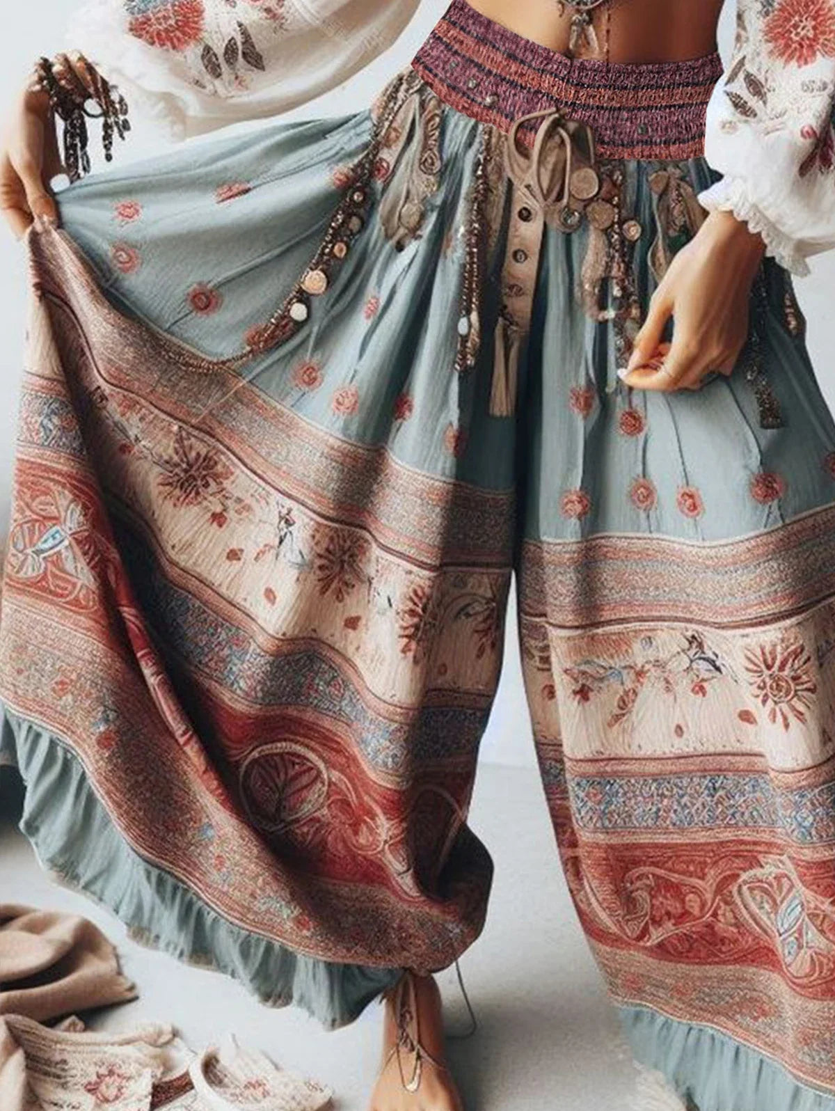 👖 Harajuku Women’s Boho Patchwork Trousers – High Waist Wide Leg Ruffle Pants with Ethnic Floral Print and Elastic Waist