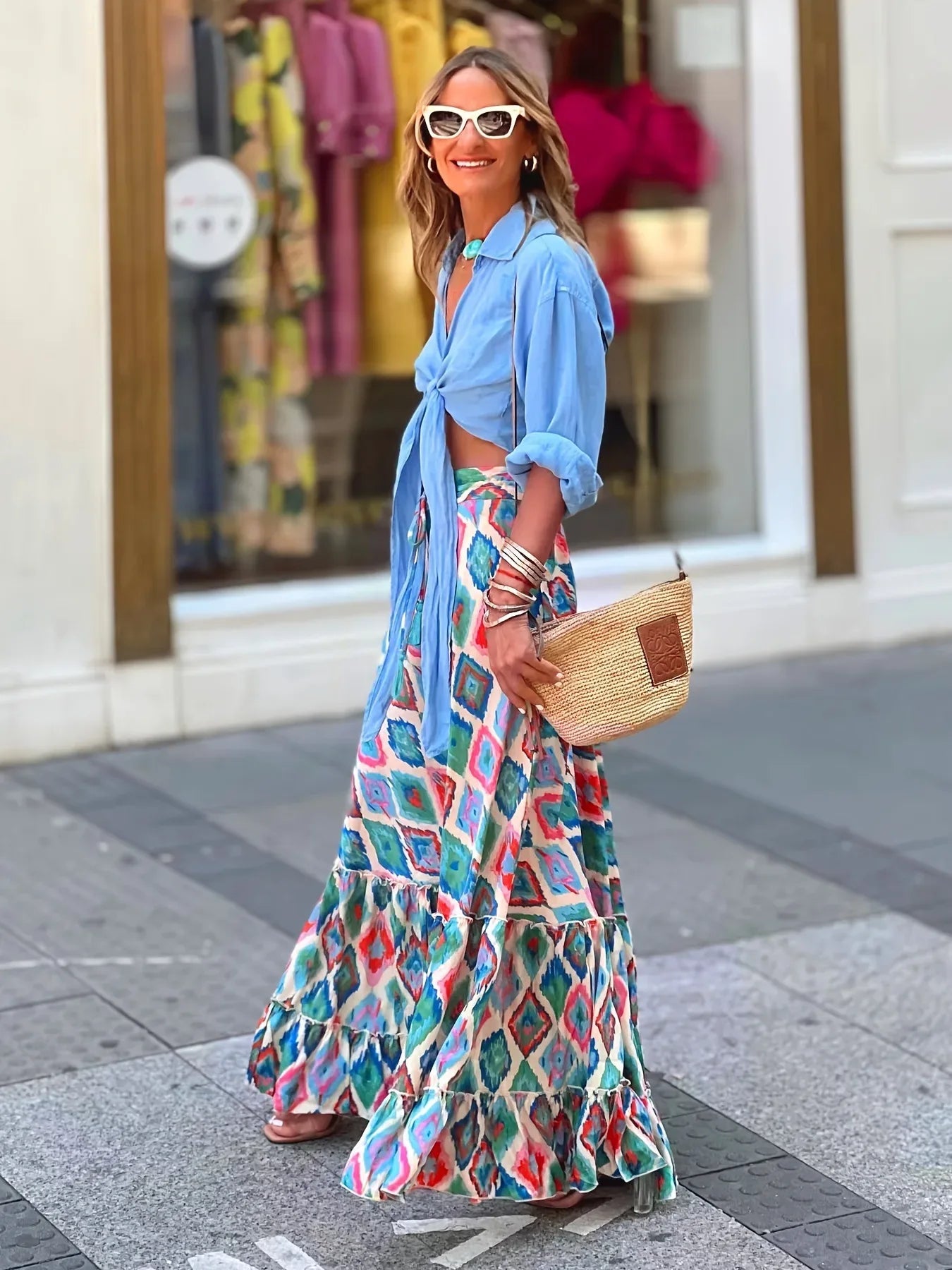🌟 Elegant Women Green Print Elastic Waist Skirt Spring Summer Femme Patchwork Slim Skirt Streetwear Casual Ankle-Length Long Skirt