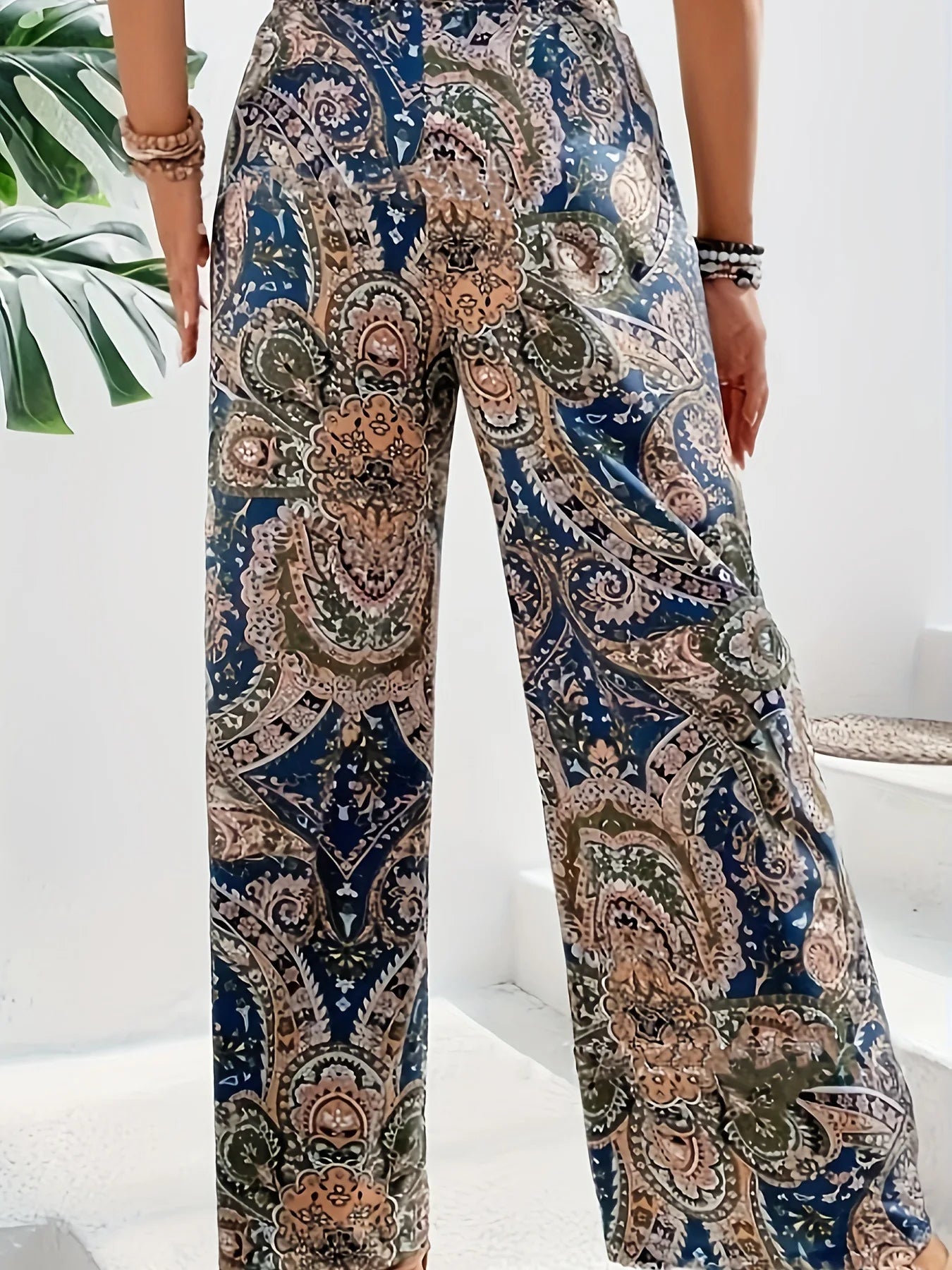 Bohemian High Waist Elastic Waist Printed Wide Leg Long Pants Women‘s Clothes Straight Casual Trousers Summer New Vintage Trend