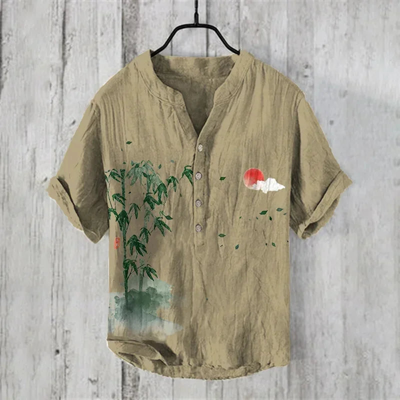 🖌️ The Zen Ink Artisan: Premium 2026 Men’s 3D Japanese Landscape Shirt – High-Definition Bamboo, Bird & Koi Ink-Wash Print, Breathable Wrinkle-Resistant Hybrid, and Sophisticated Henry V-Neck Casual Button-Down
