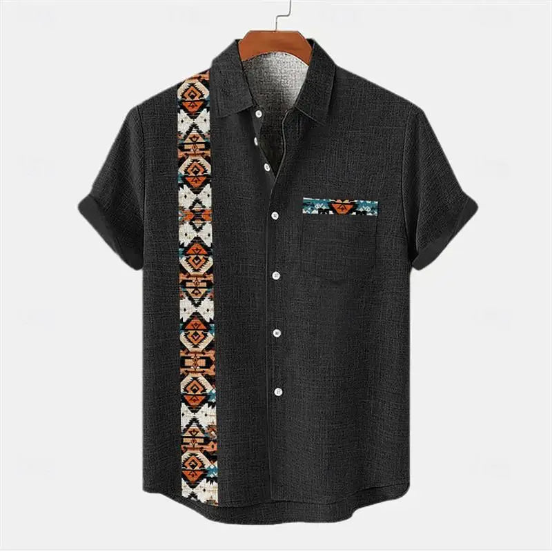 🌍 The Ethno-Block 3D Masterpiece: Premium Men’s Ethnic Color-Block Shirt – High-Definition Digital Print, Breathable Short-Sleeve Button-Down (Hemd Herren), and Sophisticated Resort Silhouette
