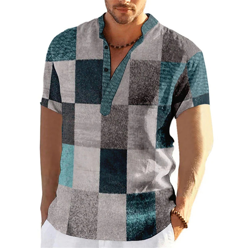 🎨 The Neo-Vintage 3D Patchwork Henley: Premium Men's Color-Block Fashion Tee – High-Definition Digital Print, Breathable Short-Sleeve 3-Button Henley, and Sophisticated Slim-Relaxed Fit