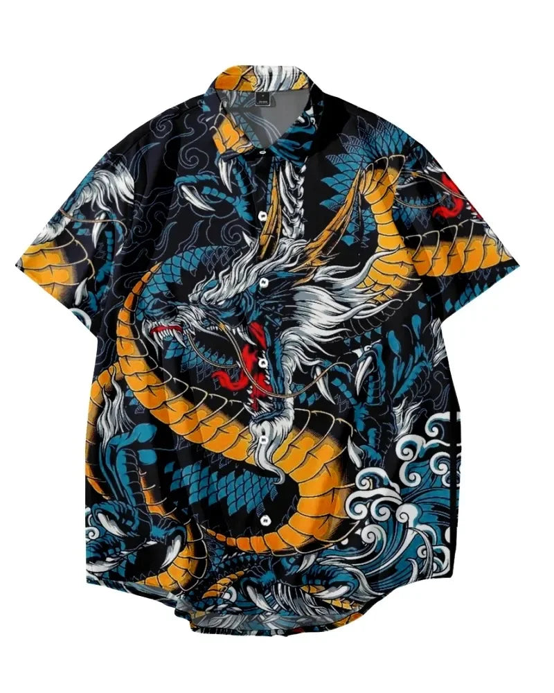 🐉 The Draconian Legacy: Premium Men’s Y2K Vintage Dragon Print Hawaiian Shirt – High-Definition Oriental Dragon Graphic, Ultra-Breathable Performance Fabric, and Sophisticated Urban Social Wear Short-Sleeve Button-Down (S-5XL)
