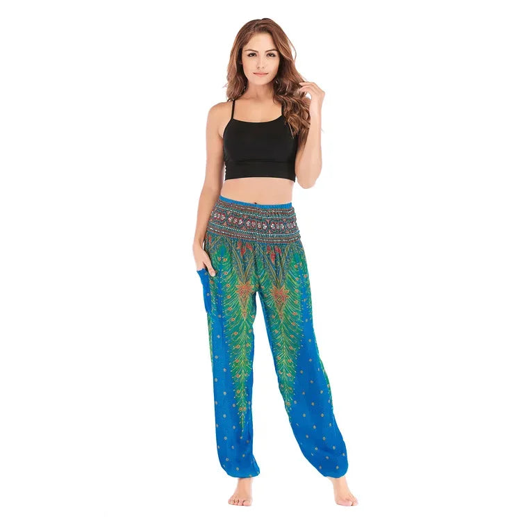 Women's Boho Yoga Pants - High Waist Floral Print Harem Leggings with Pockets for Comfort and Style