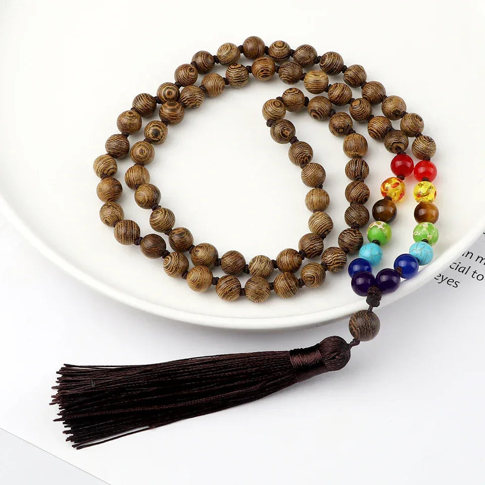 🌳 7 Chakra Wooden Japamala Necklace: Vintage Tree of Life 108 Bead Mala – Meditation, Yoga & Prayer Rosary with Healing Tassel