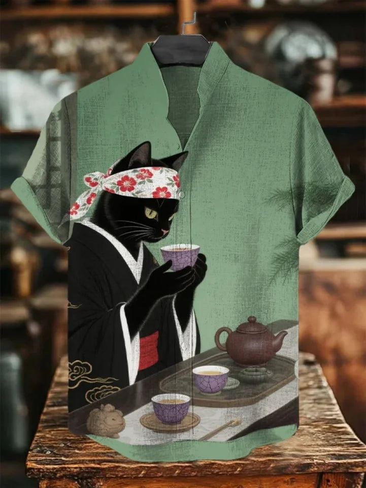 🌸 The Plum Blossom Heritage: Premium Men’s Summer Linen Shirt – High-Definition Oriental Floral Graphic, Modern Mandarin Standing Collar, and Sophisticated Urban-Street Short-Sleeve Button-Down