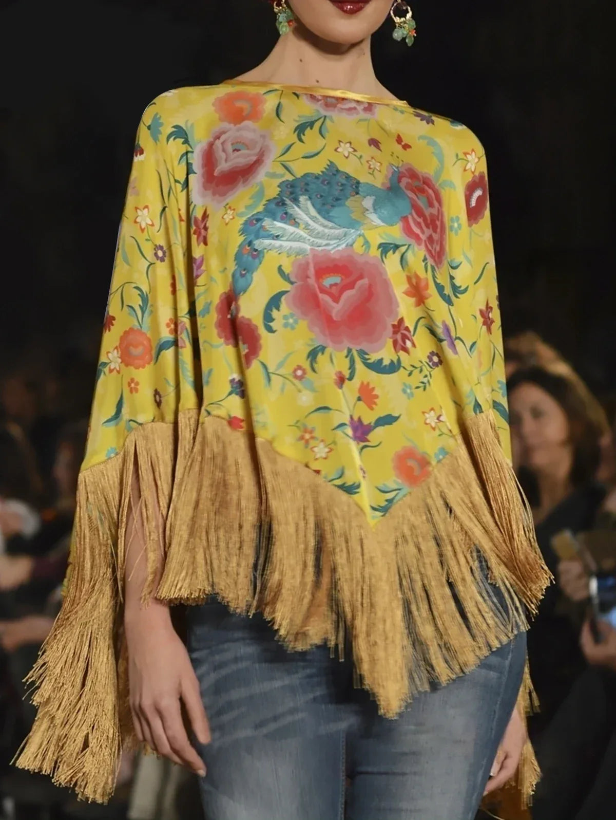 Women Vintage Floral Tops 2024 - Elegant Oversize Pullover with Irregular Tassel Hem Cape Cloak Style for Spring & Autumn, Bohemian Fashion Yellow