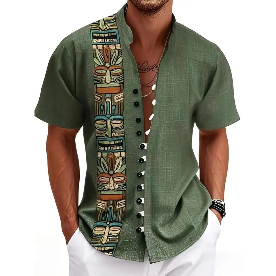 🗿 The Ethnic Totem Edition: Premium Men’s Modern-Retro Linen Shirt – High-Definition Tribal Totem Graphic Print, Breathable Organic Cotton-Linen Blend, and Sophisticated Urban-Casual Short-Sleeve