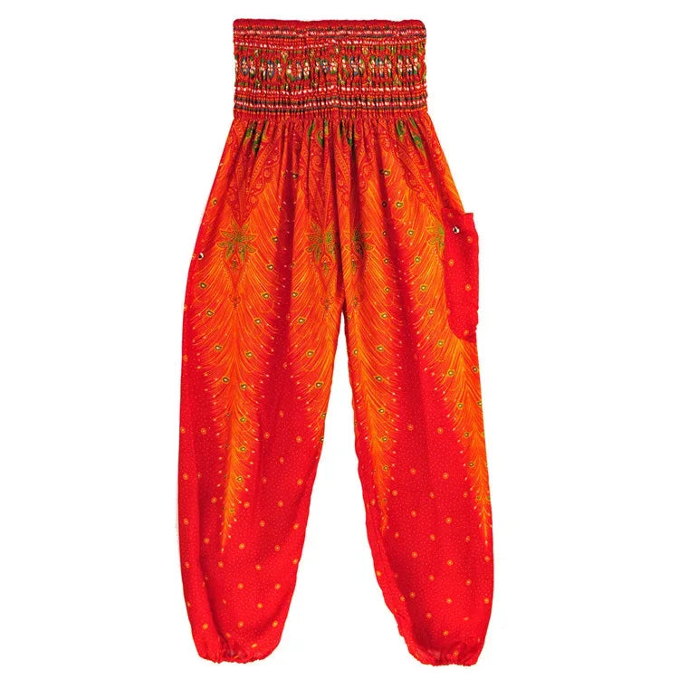 Women's Boho Yoga Pants - High Waist Floral Print Harem Leggings with Pockets for Comfort and Style