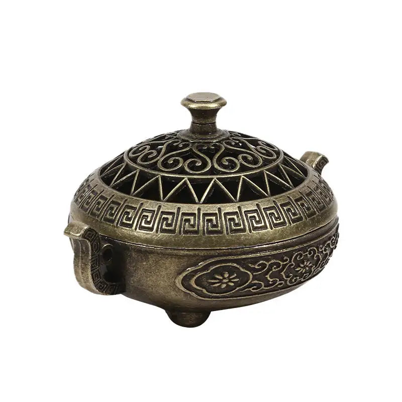 Antique Chinese Hollow Incense Burner – Miniature Decorative Holder with Cover for Sandalwood and Spiritual Aromatherapy