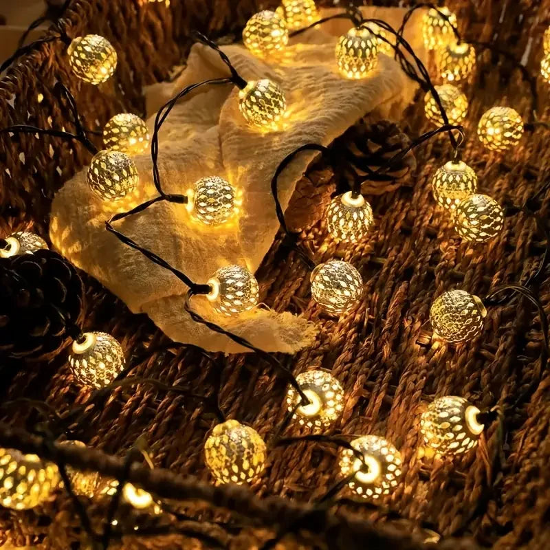 Solar Moroccan Ball String Lights – Multi-Mode Waterproof LED Fairy Lights for Festive Outdoor Ambiance and Garden Decor