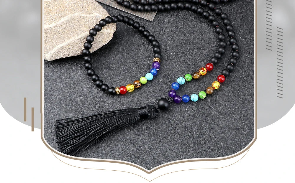 🌑 Black Onyx & 7 Chakra Mala: Shiny/Matte 108 Bead Necklace & Wrap Bracelet – Grounding, Protection & Anxiety Relief Meditation Rosary