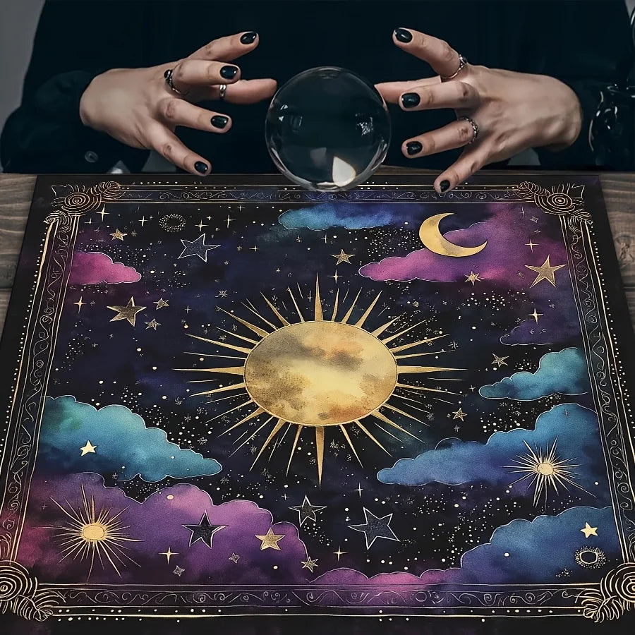 🃏 VIKAMA Astrology Crystal Tablecloth – Black & Gold Sun, Moon, Star & Cloud Altar Cloth for Meditation, Mysticism & Tarot Table Decor