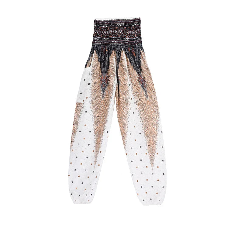 Women's Boho Yoga Pants - High Waist Floral Print Harem Leggings with Pockets for Comfort and Style Beige