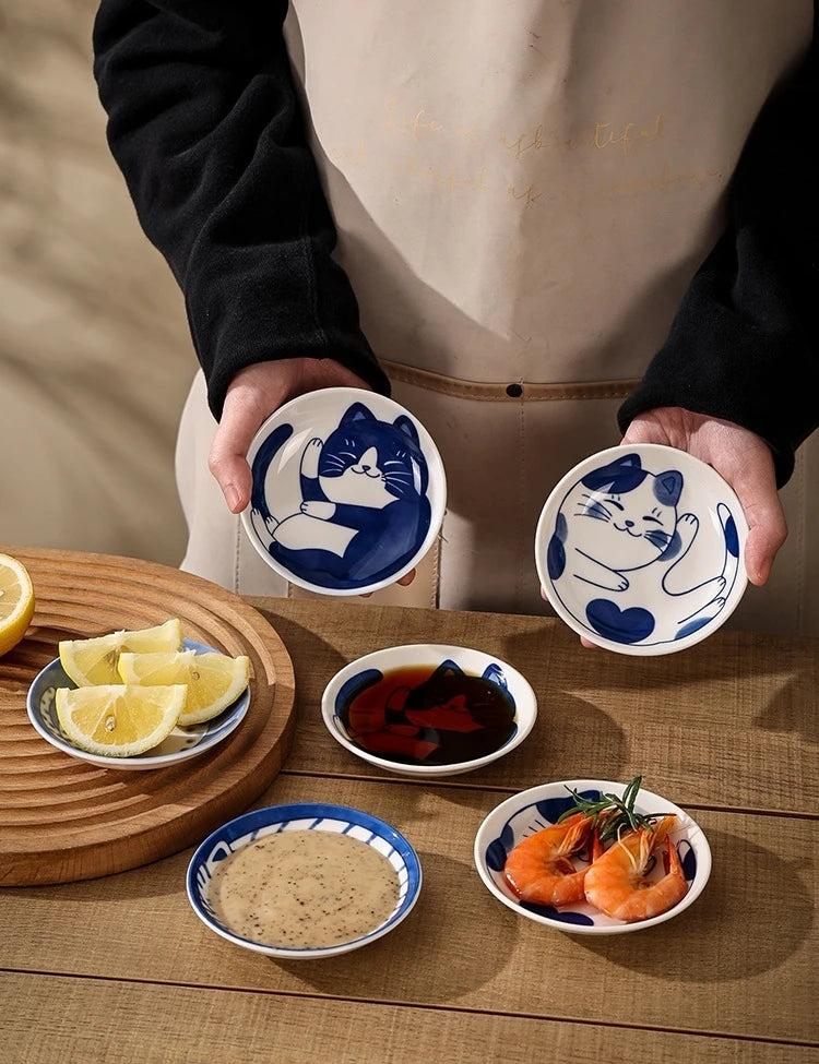 🍥 Japanese Style Ceramic Dessert Sauce Dish – Creative Cute Cartoon Lucky Cat Pattern | Water Drop Shape Fruit &amp; Sushi Plates | Free Shipping