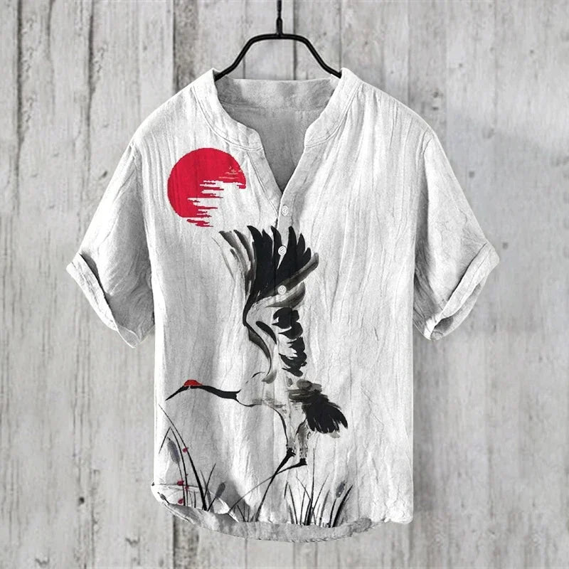 ⛩️ The Zen Crane Heritage: Premium Men’s 100% Pure Organic Linen Shirt – High-Definition Oriental Landscape Art Print, Sophisticated V-Neck Cut, and Plus Size (Up to 6XL) Luxury Casual Button-Down ARL550