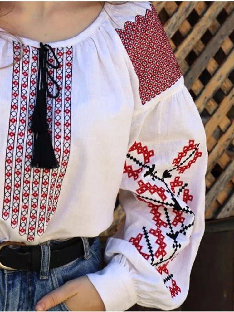 👗 Retro Print Blusas Mujer Indie Folk Woman 2025﻿ – Shirts & Blouses with O-neck, Tassel Lace-Up Detail, Loose Casual Fit, New Tops