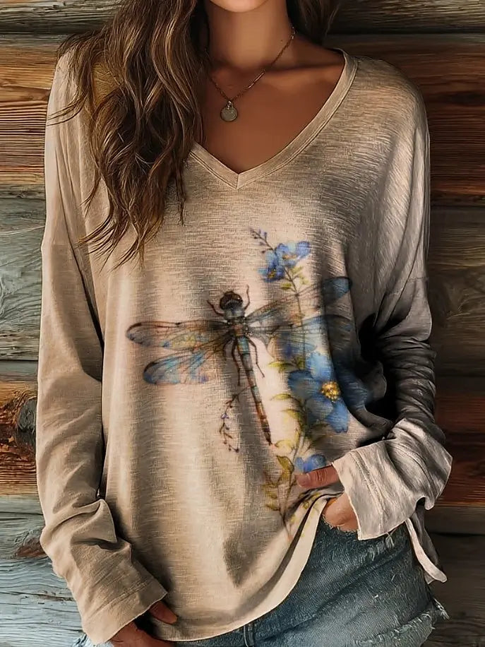 👕 Vintage Women’s T-Shirt – Floral Graphic Plants Design, Elegant Fashion Tee with Long Sleeves, V-Neck, Regular Fit Pullover for Fall and Winter AFZHH2025241CY