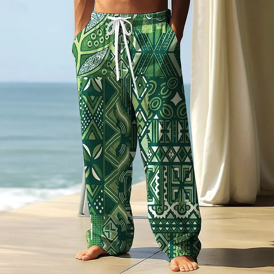🎨 The Ethno-Geometric Urban Nomad Trousers: Premium Men’s Wide-Leg Pants – High-Definition Ethnic Print, Mid-Rise Elastic Drawstring Waist, Breathable Outdoor Comfort, and Sophisticated Autumn Silhouette