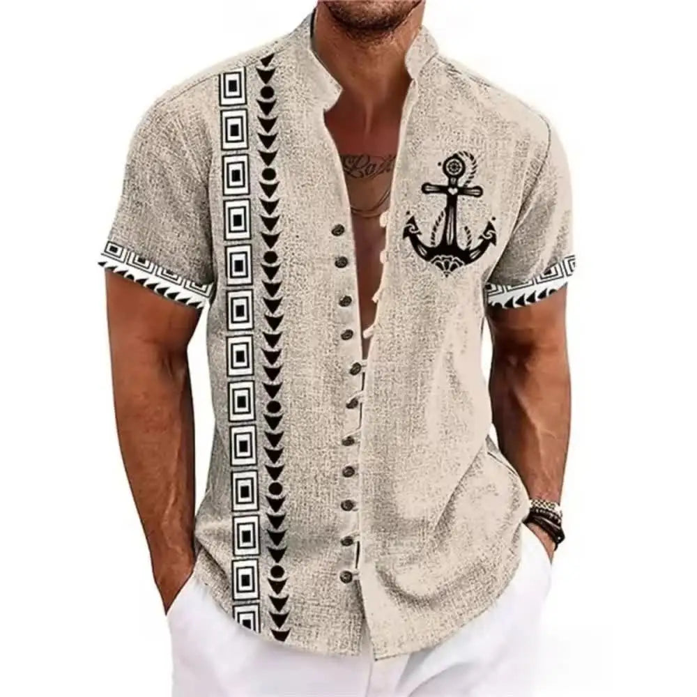 🗿 The Ethnic Totem Edition: Premium Men’s Modern-Retro Linen Shirt – High-Definition Tribal Totem Graphic Print, Breathable Organic Cotton-Linen Blend, and Sophisticated Urban-Casual Short-Sleeve bkcs11