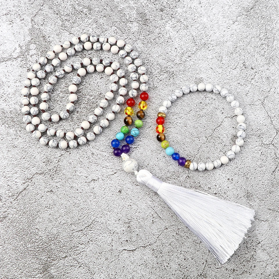 📿 108 Bead Howlite Japamala & 7 Chakra Bracelet Set: 6mm Hand-Knotted Mala Necklace – Calming Stone for Yoga Meditation & Anxiety Relief
