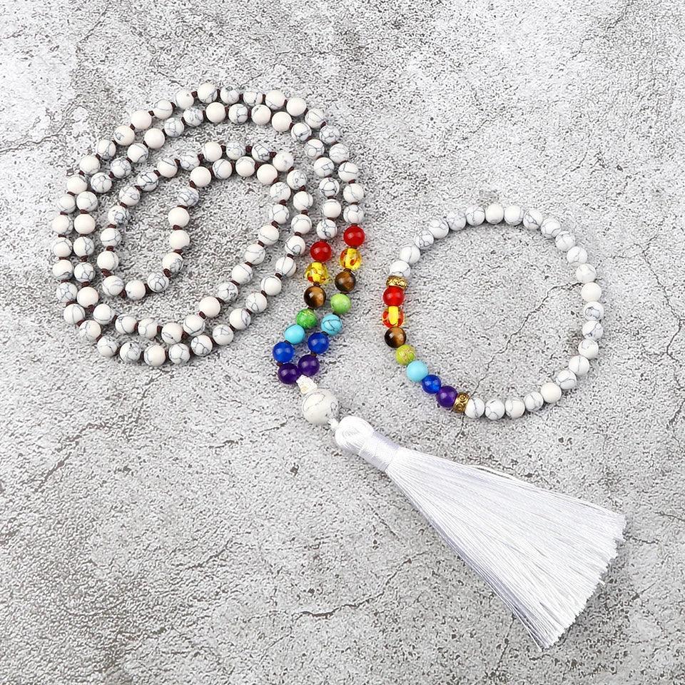 🤍 6mm White Howlite & 7 Chakra Hand-Knotted Mala Set (Necklace + Bracelet): Calming Sleep Aid & Anxiety Relief Yoga Jewelry – Meditation Japamala Rosary
