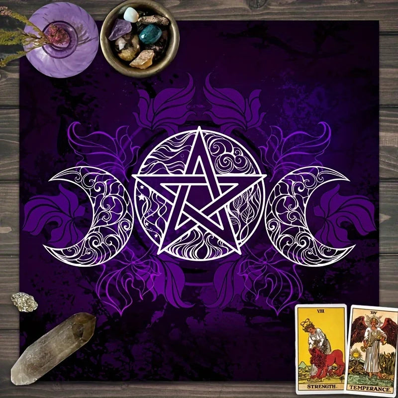 🌙 Velvet Tarot Card Mat | Purple Triple Moon Goddess Design – Altar Cloth & Table Pad for Witchcraft, Astrology, and Board Games