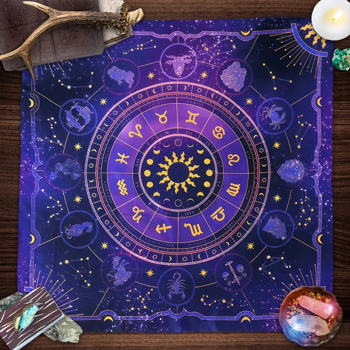 🔥 12 Constellations Tarot Tablecloth | Sun & Starry Sky Altar Cloth for Witchcraft, Astrology & Divination Oracle Pad