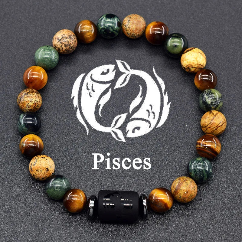✨ 12 Zodiac Constellation Signs Bracelet – Tiger Eye & Sparrow Picture Stone Beads – Virgo Charm Couple Jewelry for Men & Women 13 Pisces 8 mm Beads