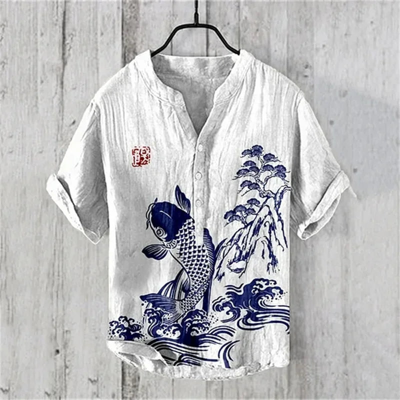 🌊 The Kanagawa Gallery Edition: Premium Men’s Summer V-Neck – High-Definition "The Great Wave off Kanagawa" Graphic Print, Breathable Linen-Blend Performance Fabric, and Sophisticated Modern-Fit Designer Tee HTY402
