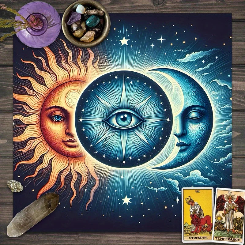 🃏VIKAMA Sun & Moon Tarot Tablecloth – Black Floral Altar Cloth for Tarot Divination, Meditation & Holiday Spiritual Decor