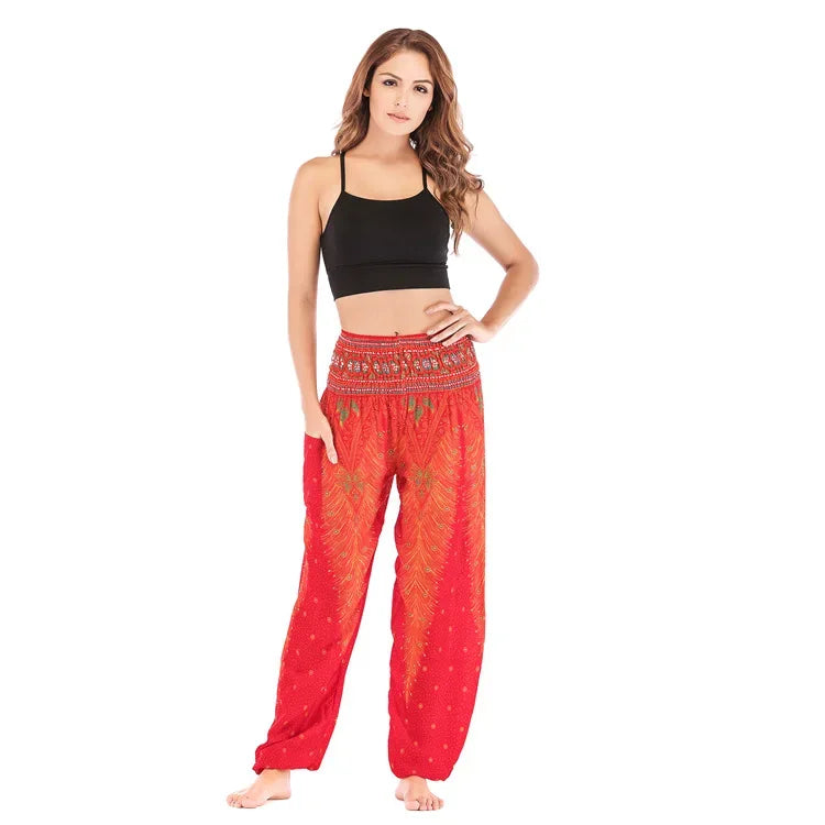 Women's Boho Yoga Pants - High Waist Floral Print Harem Leggings with Pockets for Comfort and Style