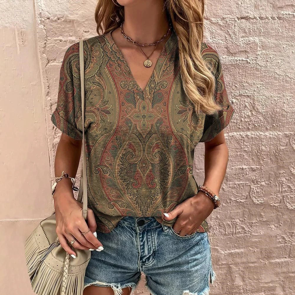👚 Retro Women’s T-Shirt – Floral Print, Short Sleeve, V-Neck Harajuku Style Casual Blouse